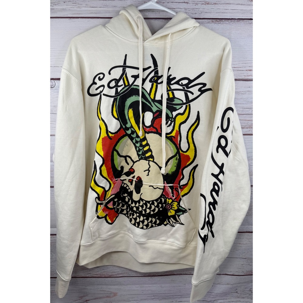 Ed Hardy Snake Skull Graphic Hoodie Cream Off White Y2K Tattoo Print Mens Medium